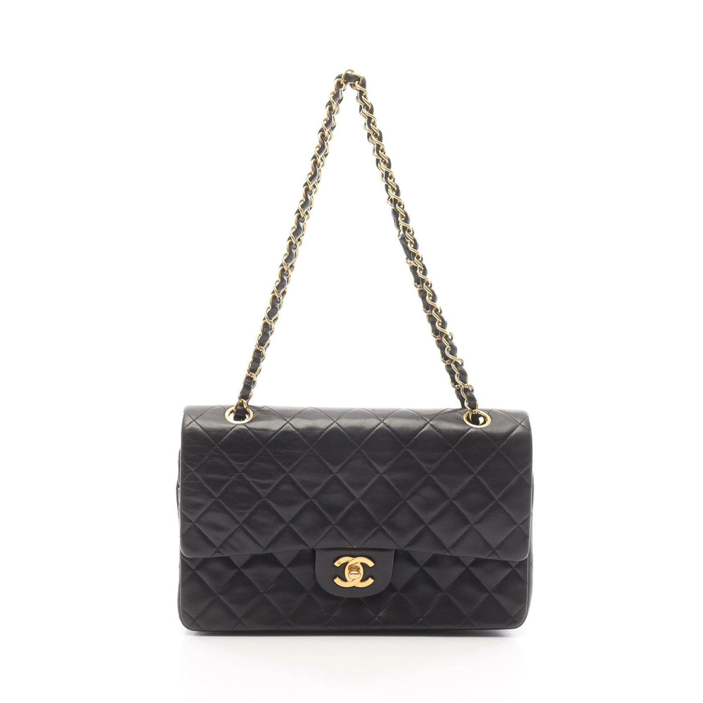 Chanel Matelasse Double Flap Shoulder Bag Lambskin Sheepskin Black